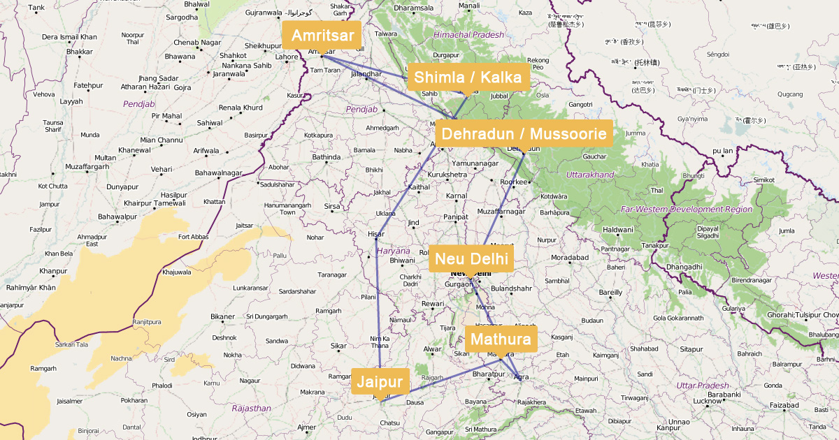 Die Reiseroute meiner Indien Reise, Kartenmaterial bereitgestellt von: openstreetmap.org